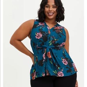 Teal sleeveless georgette blouse with tie front